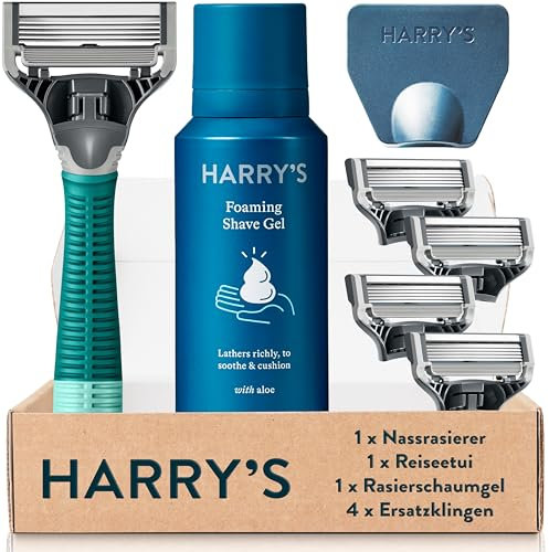 Harry’s Nassrasierer für Männer – Rasier-Set mit Grün Griff, 4 Ersatz-Rasierklingen, Reise-Klingen-Cover, 60ml Rasiergel, Rasierer, Rasierklingen, Rasierklingen für Herren, Rasier Klingen