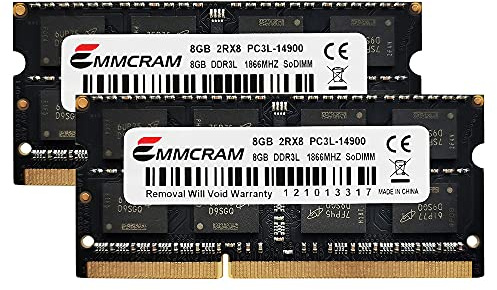 EMMCRAM PC3L-14900S DDR3L - Memoria RAM DDR3 para ordenador portátil (16 GB, 2 unidades, 1866 MHz, 1867 MHz, SODIMM, 1,35 V, sin ECC, sin búfer, 204 pines)