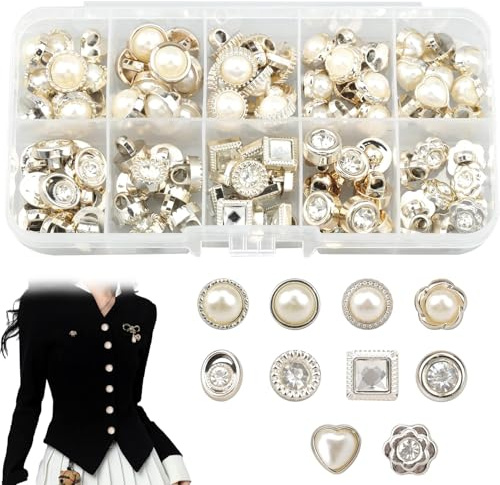 Xiciki 100pcs Pearl Buttons + Diamante Buttons for Sewing, Shirt, Sweater, Cardigan, Rhinestone Pearl Buttons, Decorative Round Button Assortment (10 Styles)