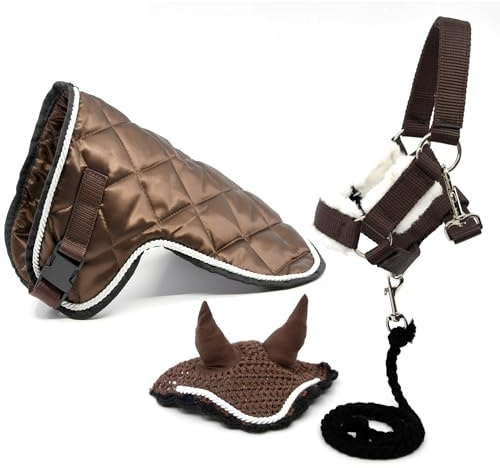 Juego de accesorios marrón chocolate para Hobby Horse y Caballo Palo: halter mosmoute con cordón + manta + gorro antimoscas