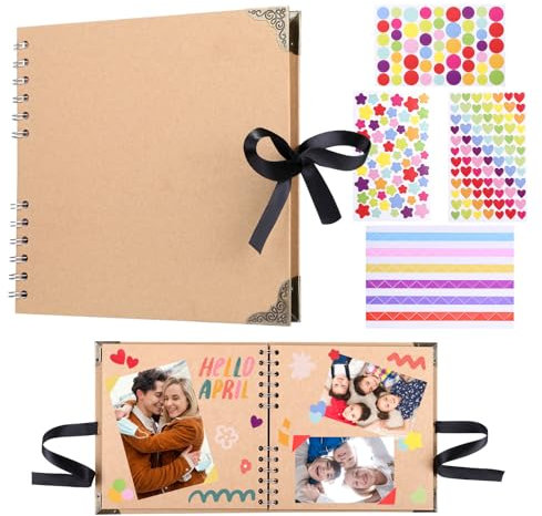 GWHOLE Album Photo Scrapbooking avec 60 Pages en Papier Kraft Brun Marron 21×21cm Livre Scrapbooking avec 8 Feuilles d'Autocollants Cadeaux pour Famille Livre de Souvenirs de mariage Voyage Bebe