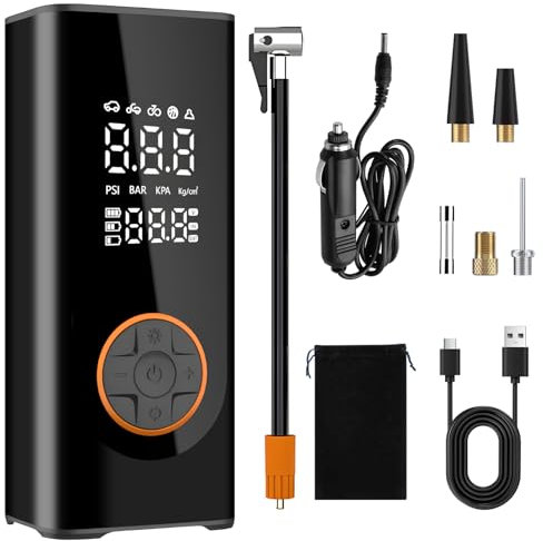 Semflagree Portable Air Compressor Car Tyre Pump, 6000mAh corded/cordless Dual power supply 150PSI Tyre Inflator Cordless Digital Dual Values Display tyre pump for Car Motorcycle Bike Ball