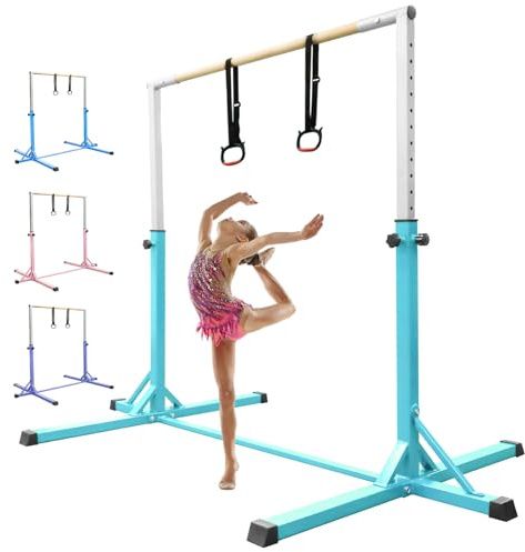 FBSPORT Gymnastics Bar Horizontal Bar with Gymnastic Rings for Kid,13 Height Adjustable, Junior Training Kip Bar Gymnastics Training Equipment for Home Gym Indoor Garden Outdoor Green