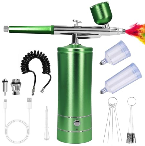 GOEDCH Kit Aérographe Multi Fonctions avec Compresseur: Kit Aérographe Sans Fil avec Compresseur d'air, Brosse à Air Rechargeable pour Nail Art, Décoration de Gâteau, Modélisation de Tatouage (Vert)