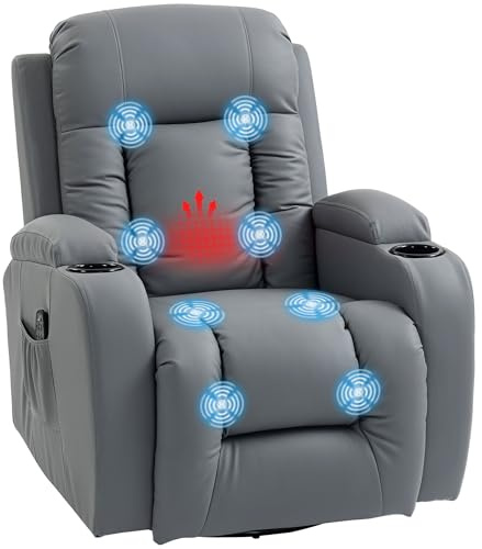 HOMCOM Sillón de Masaje Giratorio con 8 Puntos de Masaje Vibrante Sillón Relax Reclinable con Función de Calefacción Lumbar Mando a Distancia Butaca Reclinable para Salón 85x94x104 cm Gris