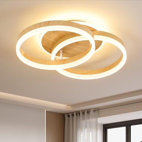 Amdelne Plafón LED Salón 2 Anillos φ50 cm, 36 W Lámpara de Techo Moderna Regulable con Mando a Distancia, de Metal+Acrílico, para Sala de Estar, Dormitorio, Comedor -Imitación Madera