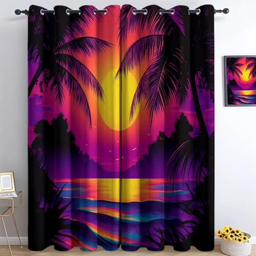 Cortinas Opacas con Aislamiento térmico 91An×214Al cm 2 Piezas, Elementos de Franjas Calientes Palmeras Atardecer Estampadas - con Ojales Color - Ideales para Salas de Estar, dormitorios y cocinas