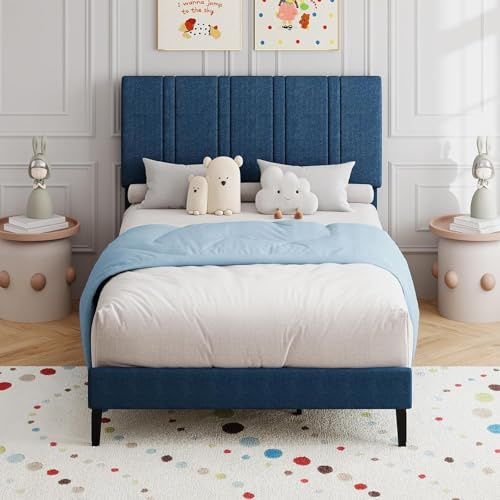 MaverickFurni Twin Bed Frame for Kids, Upholstered Platform Bed Frame with Linen Fabric headboard, Strong Wood Slats Support, Modern Style, No Box Spring Needed, Easy Assembly, Blue