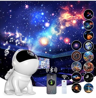 Planetario Proiettore Stelle Soffitto, 12-in-1 Proiettore Galassi con 12pcs Film Dischi, 15 Rumori Bianchi, Altoparlante Bluetooth, Telecomando, Timer, Base Magnetica, Creative Lighting