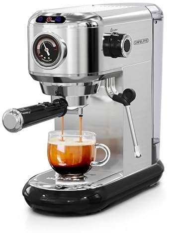 CAFELFFE MK-601 Macchina espresso 20 bar con montalatte e manometro, funzione caldo/freddo, potenza di erogazione rapida 1450 W, macchina 2 in 1, compatibile con caffè macinato e pastiglie ESE da 44