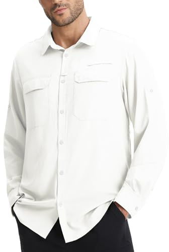 baleaf - Camiseta de manga larga para hombre, estilo safari, con protección solar UPF 50+, ligera, de secado rápido, con bolsillos, para senderismo, caminatas, golf y uso casual, blanco, L
