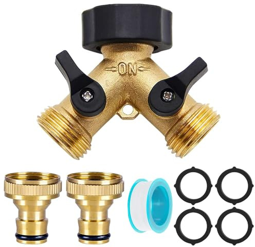 Distributore d’Acqua a Y 2 Vie 3/4, Splitter per Tubo da Giardino in Ottone con Valvole Indipendenti, Adattatore per Rubinetto Lavatrice, Lavastoviglie e Irrigazione (Oro)