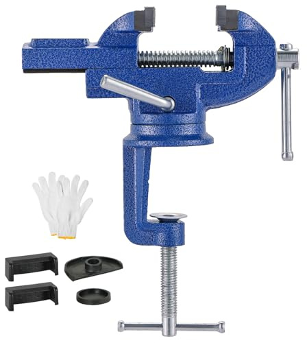 DASBET Table Vise Universal 2.5 Inch Work Bench Vice Clamp 360°Swivel Base Bench Clamp Home Vise Clamp for Woodworking, Metalworking, Cutting Conduit, Drilling (Blue)