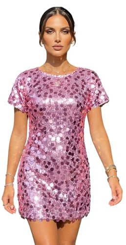 Caziffer Robe Femme Courte Été Mini Robe Brillante avec Sequins à Manches Courtes Robes Pailletté Shiny Col Rond pour Femme Cocktail Party Clubwear