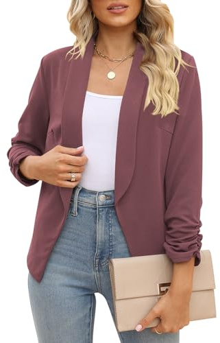 Business Casual Blouse 3/4 Sleeve Blazer for Women Short (Red Bean Grey, S)