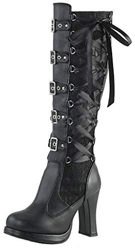 SoonerQuicker Knee High Boots Women High Heels Block Heel Platform Boots Leather Lace Up Boots Steampunk Gothic Cosplay (7 UK, Black)
