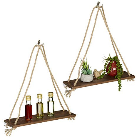 Relaxdays Mensole da Muro, Design Rustico, Sospesi, Decorazioni & Piante, Cucina & Salotto, 49x43x13cm, Marrone, Legno, Set da 2 pz