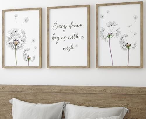 Eviepops Prints Dandelion Quote Wall Art Set of 3 Unframed Prints, Plant Decor, Living Room Bedroom Poster Home Decor, Every Dream Begins with a Wish (A4)