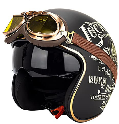 LHBM Retro Halbschalenhelm,Brain-Cap Motorradhelm Jethelm,DOT/ECE-Zulassung Mit Visier Schutzbrille,Offenes Motorrad Jethelm,für Damen und Herren Oldtimer Vintage Elektroauto-Roller Helm A,L=59-60cm