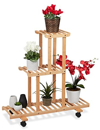 Relaxdays Pflanzenregal, Blumenständer mit 3 Ablagen, Bambus, HxBxT 82 x 81 x 36 cm, rollbar, Blumenregal innen, Natur