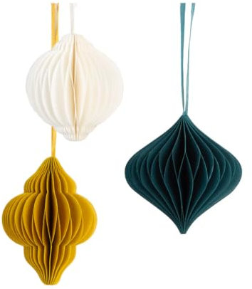 Talking Tables Adornos de Papel para árbol de Navidad, Paquete de 3 Bolas de Navidad Colgantes en Blanco, Verde y Amarillo, tamaño pequeño