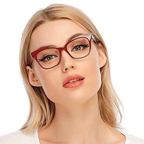 DOOViC Blue Light Glasses No Magnification Red Frame Large Lens Square Computer Eyeglasses for Women