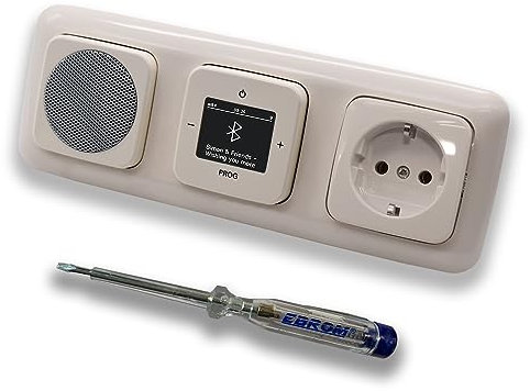 Busch Jäger DAB+ 8217U-101 DURO2000 Radio encastrable Bluetooth (et sortie) Blanc crème Kit complet avec haut-parleur, couvertures, prise de courant, cadre + testeur de phase EBROM pour montage des