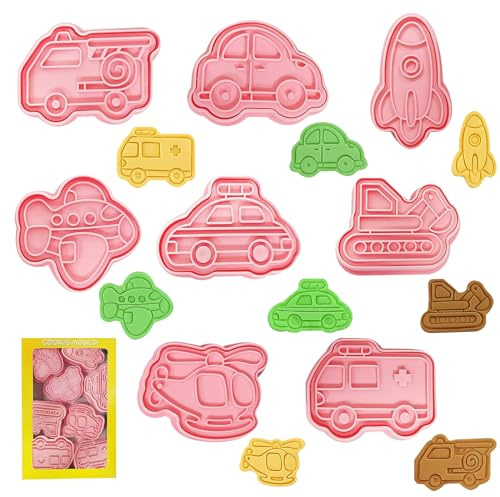 TECHEEL Kakskärare barn, 8 stycken kakmått bil, 3D-fordon, kakskärare set, gör-det-själv präglingsformar för kakdeg, kakskärare plast, fondant, munk, kakdekoration, chokladkakor (B)