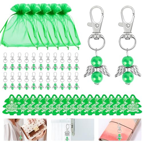 Schutzengel Anhänger,24 Stück Schutzengel Gastgeschenk Engel Anhänger mit Engel Anhänger Organza Säckchen Kraftpapier Anhänger für Weihnachten Hochzeit Gastgeschenke Kommunion Geschenke (Grün)