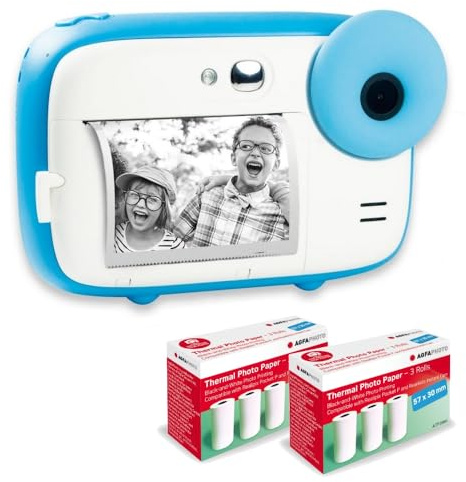 AGFA Photo Pack Realikids Instant CAM + 6 Rollos de Papel térmico ATP3WH adicionales, cámara instantánea Infantil, Pantalla LCD de 2,4 Pulgadas, batería de Litio, Espejo Selfie y Filtro de Fotos Azul
