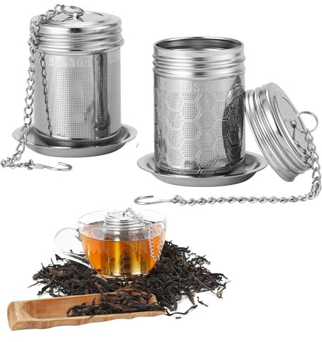 2 Pezzi Infusore per Tisane, Filtro per Tè sfuso in acciaio inossidabile con catena lunga e vassoio raccogligocce rotondo per teiere, tazze e bottiglie di tè.