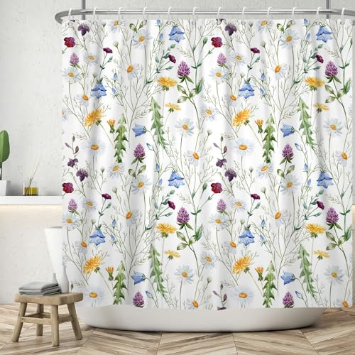 ASDCXZ Blumen Duschvorhang 180x200 cm, Frühling Blau Gelb Lila Weiß Bunt Blumen Grün Blätter Bad Waschbar Duschvorhänge Polyester Textil Wasserdicht Badevorhang für Badewanne mit 12 Haken