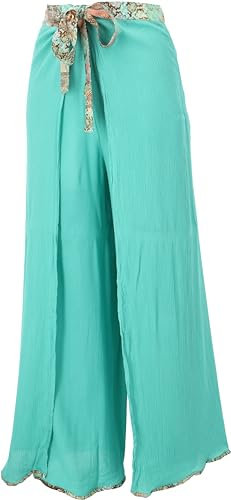 GURU SHOP Boho Wickelhose, Palazzohose, Langer Boho Hosenrock, Sommerhose - Aqua, Damen