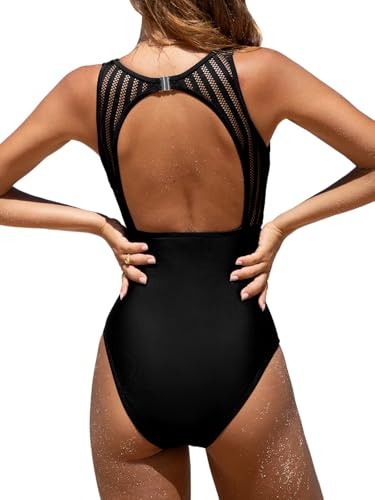CUPSHE Women's Swimming Costume Tummy Control Swimwear High Neck Cutout Back Hook Mesh One Piece Swimsuit Black L