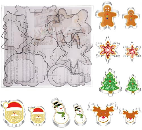 MrCookie Ausstechformen Edelstahl,Groß Weihnachten Ausstechformen Set, 12 Stück mit Rezept Anleitung, Schneemann, Weihnachtsbaum, Elch, Schneeflocke