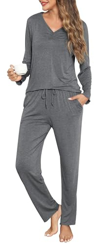 Wikoan Dampyjamasset, varm 2 delar V-ringad långärmad mjuk pyjamasöverdel med ficka, pyjamasset, S-XXL, Grå, S