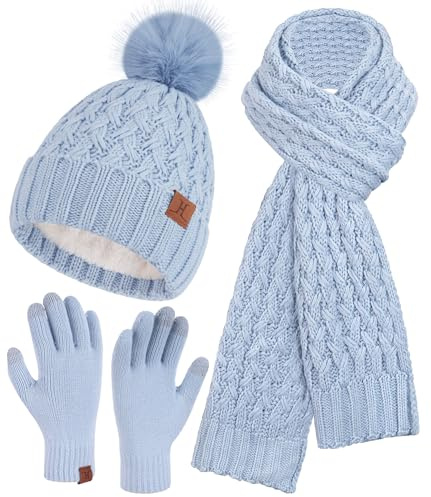 Bequemer Laden Mujeres Invierno Gorro Bufanda Larga Guantes Tactiles Conjunto de Punto Gorras Lana con Pompón Forro Polar Regalo Mujer