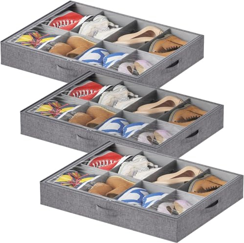 Lifewit Under Bed Shoe Storage Organizer Fits 8 Pair Sneakers, 4.3 Inches Tall Sturdy Structure Ultra Thick Fabic Sneaker Storage, Foldable Underbed Shoe Boxes for Heels, Boots, Sports Shoes 3 Pack