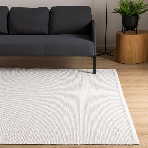 Interiyou handgewebter Baumwollteppich Riga - 140x200 cm Weiß - Handwebteppich für Wohnzimmer, Schlafzimmer - 100% Handarbeit Naturfaser Teppich Flachgewebe