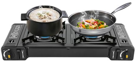 Réchaud de camping à 2 brûleurs - Réchaud à gaz - Plaque de cuisson - Barbecue de table - Réchaud à gaz à 2 feux - Pour l'intérieur - Avec plaque de cuisson