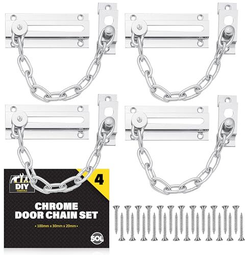 SOL 4pk Chrome Door Chain Kit – Restrictor for Front Door – Heavy-Duty Door Safety Chain Lock for Home Security, Added Protection, Peace of Mind, Durable Metal Construction, and Easy Installation