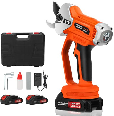 Sécateur électrique professionnel sans fil sans brosse avec 2 batteries de 2,0 Ah, 21V, sécateur de jardin/scie à élaguer avec diamètre de coupe de 35 mm et écran LCD, pour une taille efficace