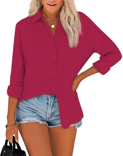 NONSAR Damblus, elegant krage, topp, skjortblus, bomull, långärmad skjorta, kvinnor, lediga lösa blusar, toppar, röd, L