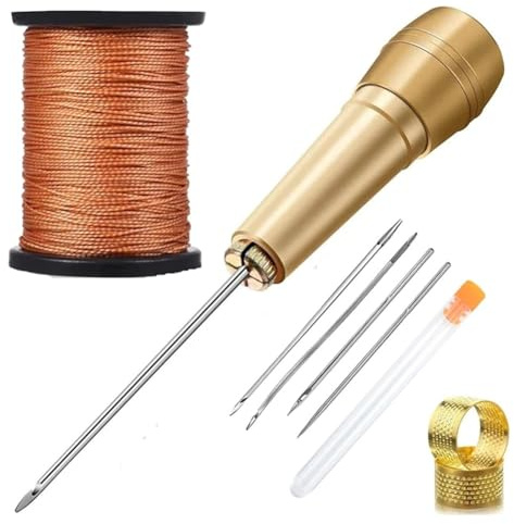 ISTOVO GenericLeather Craft Tool Set Repair Kit, 3st Canvas Läder Sysyl Nålar, 50 M Nylon Sladdtråd och 2 Fingerborgsringar
