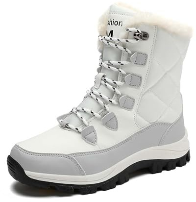 Generisch 2026 Women's Winter Snow Boots Calf Length Lace Up Lined Warm Comfortable Outdoor Walking Hiking Leisure, White, 6 UK