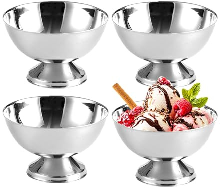 Ysislybin Coppe da Gelato in Acciaio Inossidabile, 4 Pezzi Ciotola per Gelato Rotondo da Dessert 200ml Riutilizzabili Bicchieri da Gelato Yogurt Snack Tazze Caramelle Ø 10cm (Basso)