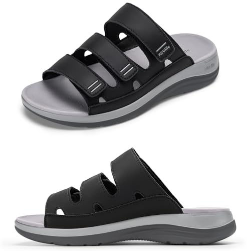 FitVille Women's Wide Fit Open Toe Sandals with Adjustable Strap, Casual Lightweight Slide, Breathable Slip on Shoes with Arch Support