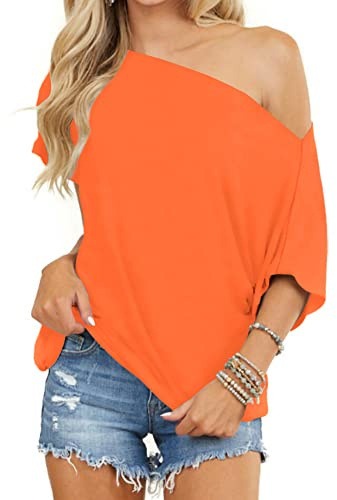 Dressmine Orange Tops for Women Off Shoulder t Shirt 3/4 Sleeve Blouse Cute y2k Batwing Asymmetrical Sexy Casual Cute Tops Size 10