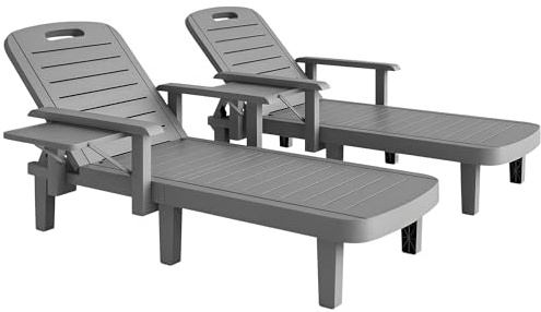 Outsunny Set 2 Lettini Prendisole con Schienale Regolabile su 5 Posizioni, Tavolino e Braccioli Ergonomici, Sdraio da Giardino in Polipropilene Impermeabile, 79x158x88 cm, Grigio Scuro