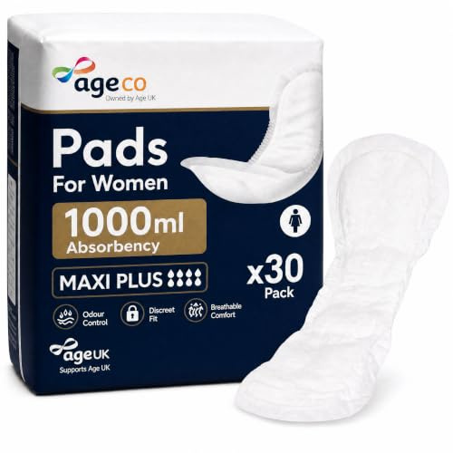 Age UK Trading Incontinence Pads Women Maxi Plus 1000ml Discreet 30 Pack | Discreet shaped incontinence pads for women with light bladder weakness; 1000ml; 30 pack
